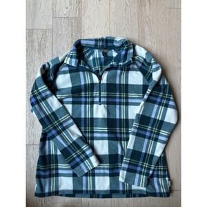 Eddie Bauer Womens Fleece Pullover Quarter Zip Plaid Teal Green Purple Large
